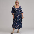 Women's Printed 3/4 Sleeve Smocked Bodice Dress
