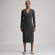 Women's Long-Sleeve Button Front Ribbed Knit Midi Dress - Charcoal