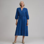 Women's 3/4 Sleeve Eyelet Button Front Belted Dress