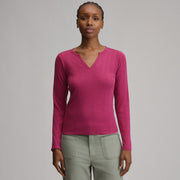 Women's Pointelle Notch-Neck Long-Sleeve Crew - Hibiscus