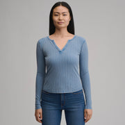 Women's Long-Sleeve Rib Y-Neck Henley - Dk Chambray