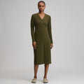 Women's Long-Sleeve Button Front Ribbed Knit Midi Dress