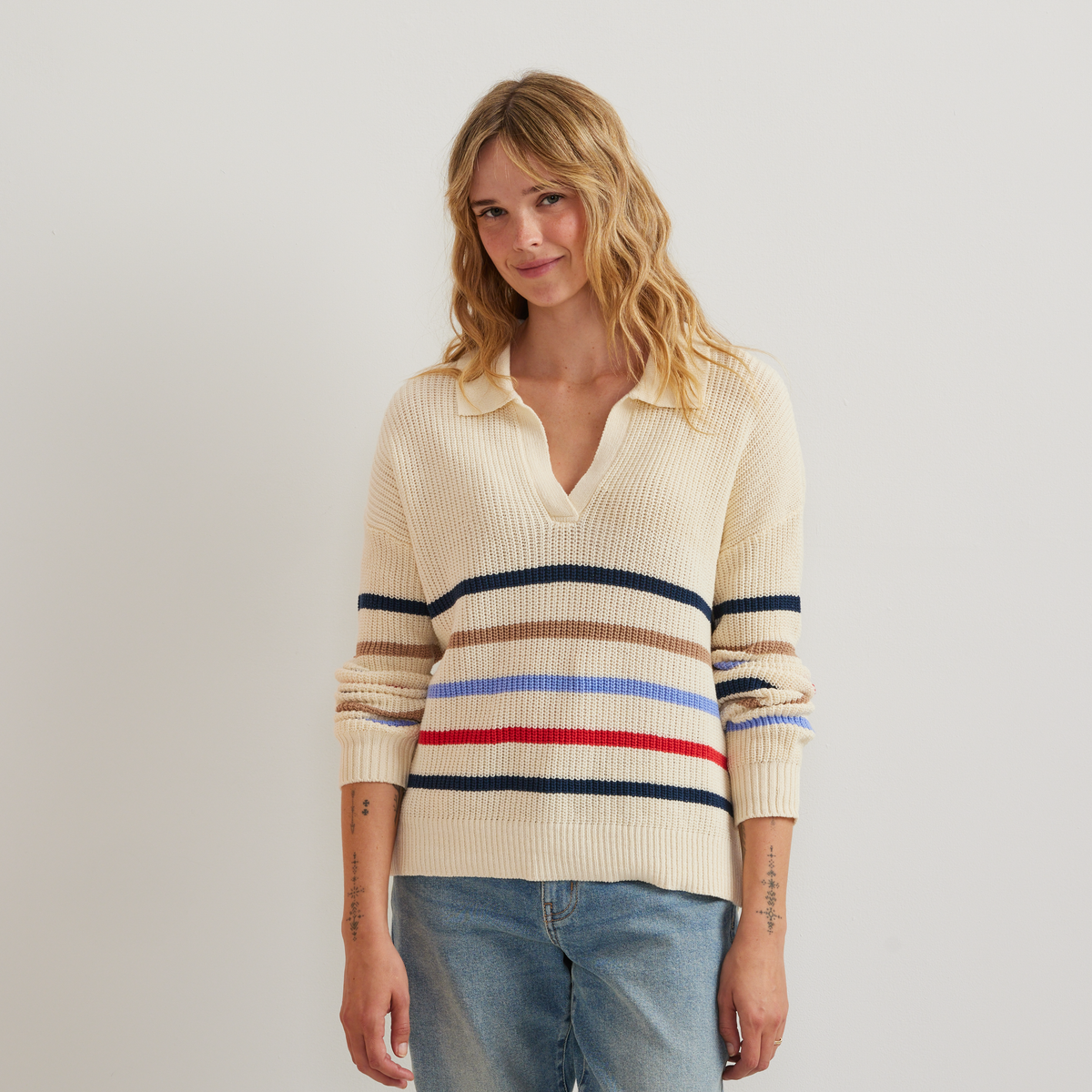 Women's Johnny Collar Multi-Stripe Sweater