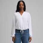 Women's Long-Sleeve Button Front Drawstring Hem Top