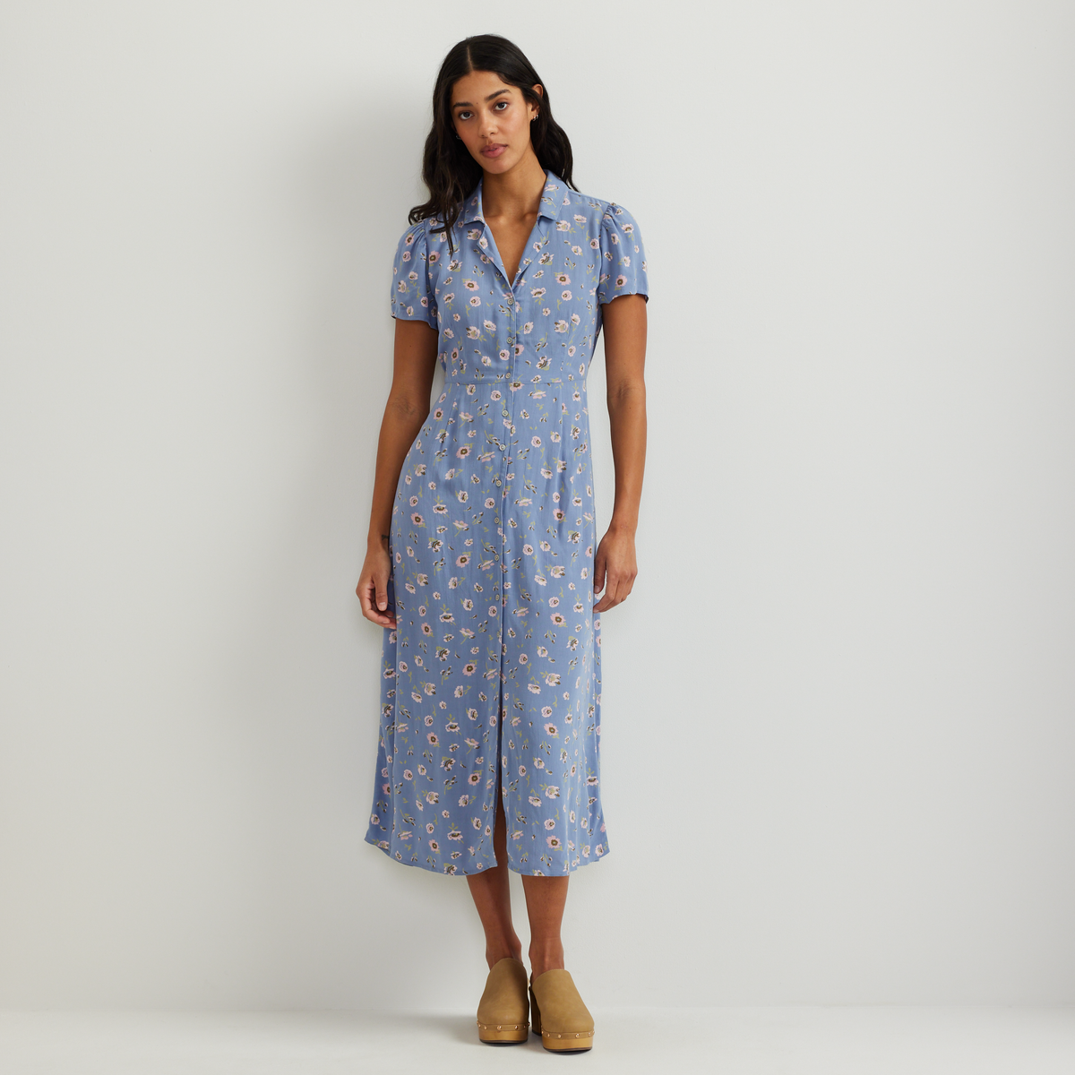 Women's Camp Collar Short-Sleeve Midi Dress