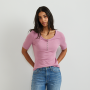 Women's Softline Short-Sleeve Ribbed Henley - Vintage Rose